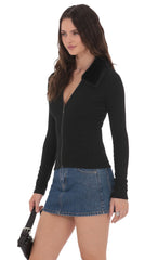 Fur Collar Zip-Up Cardigan in Black