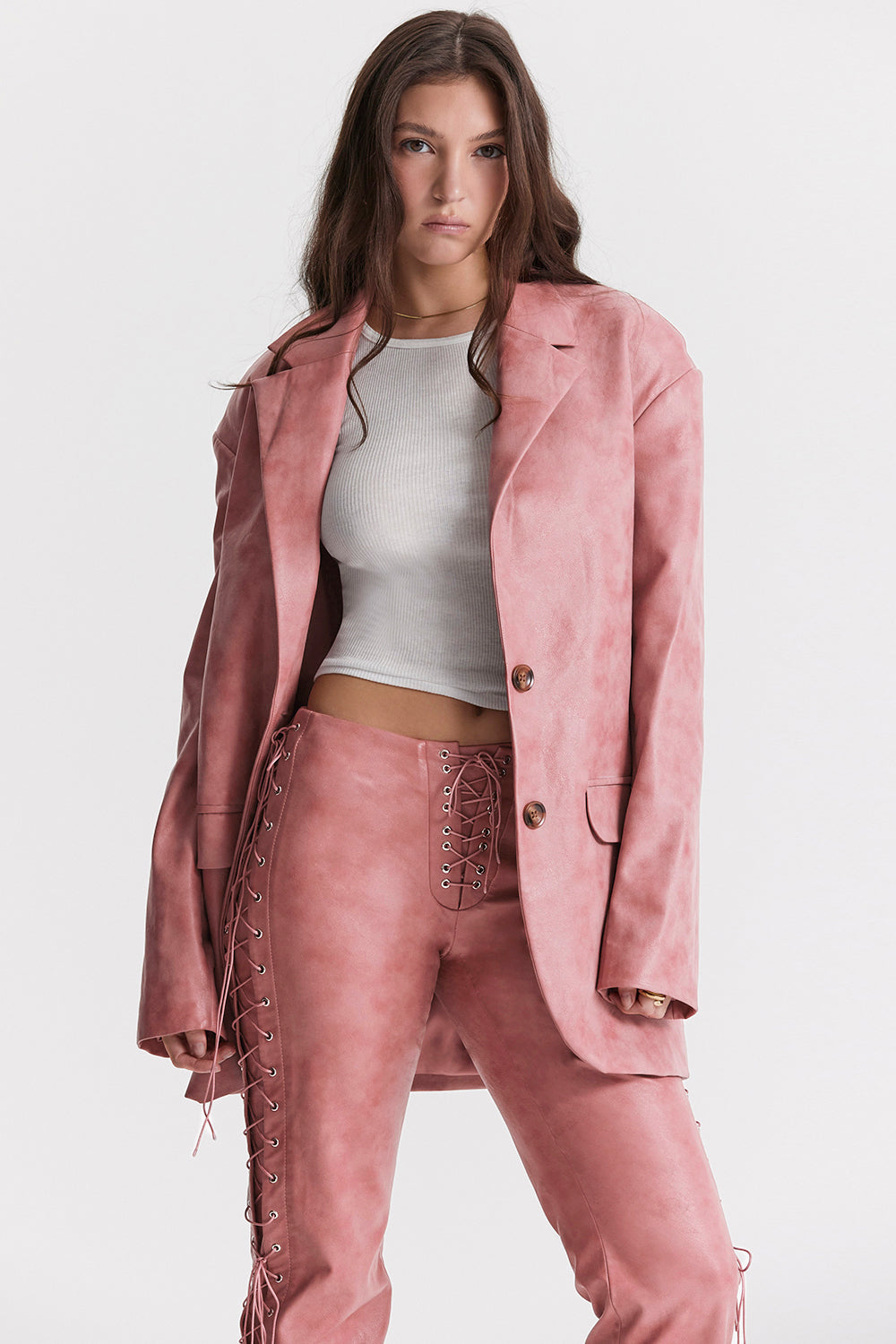 warm pink vegan leather oversized blazer