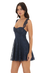 Lace Sequin Fit and Flare Dress in Navy