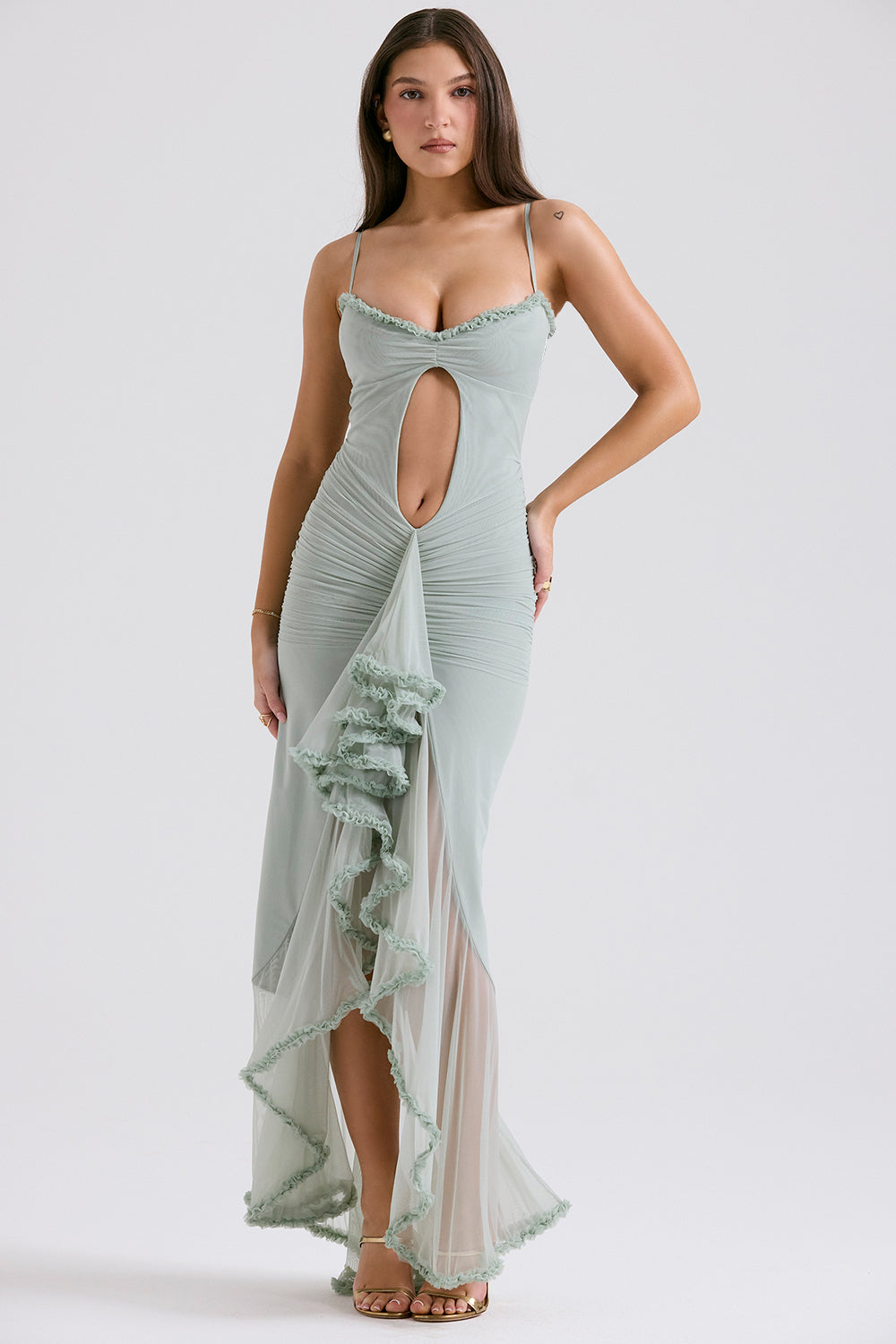 pistachio ruffled front gown
