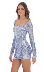 Sequin Pattern Long Sleeve Dress in Blue