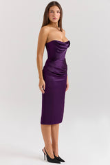 grape satin strapless midi dress