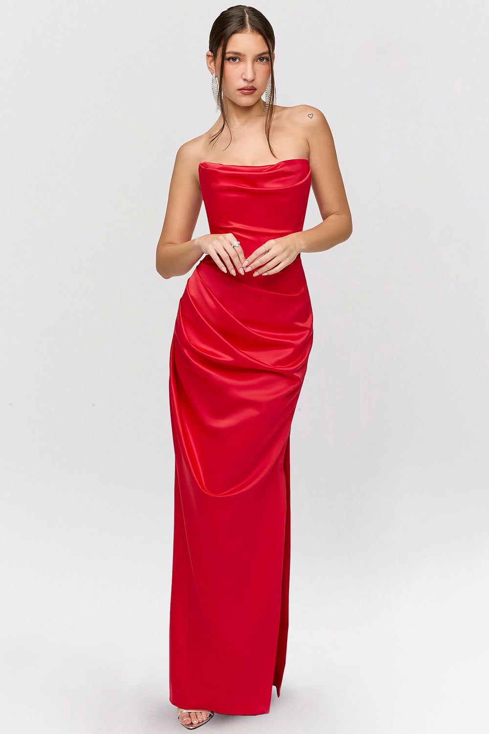 scarlet satin strapless gown
