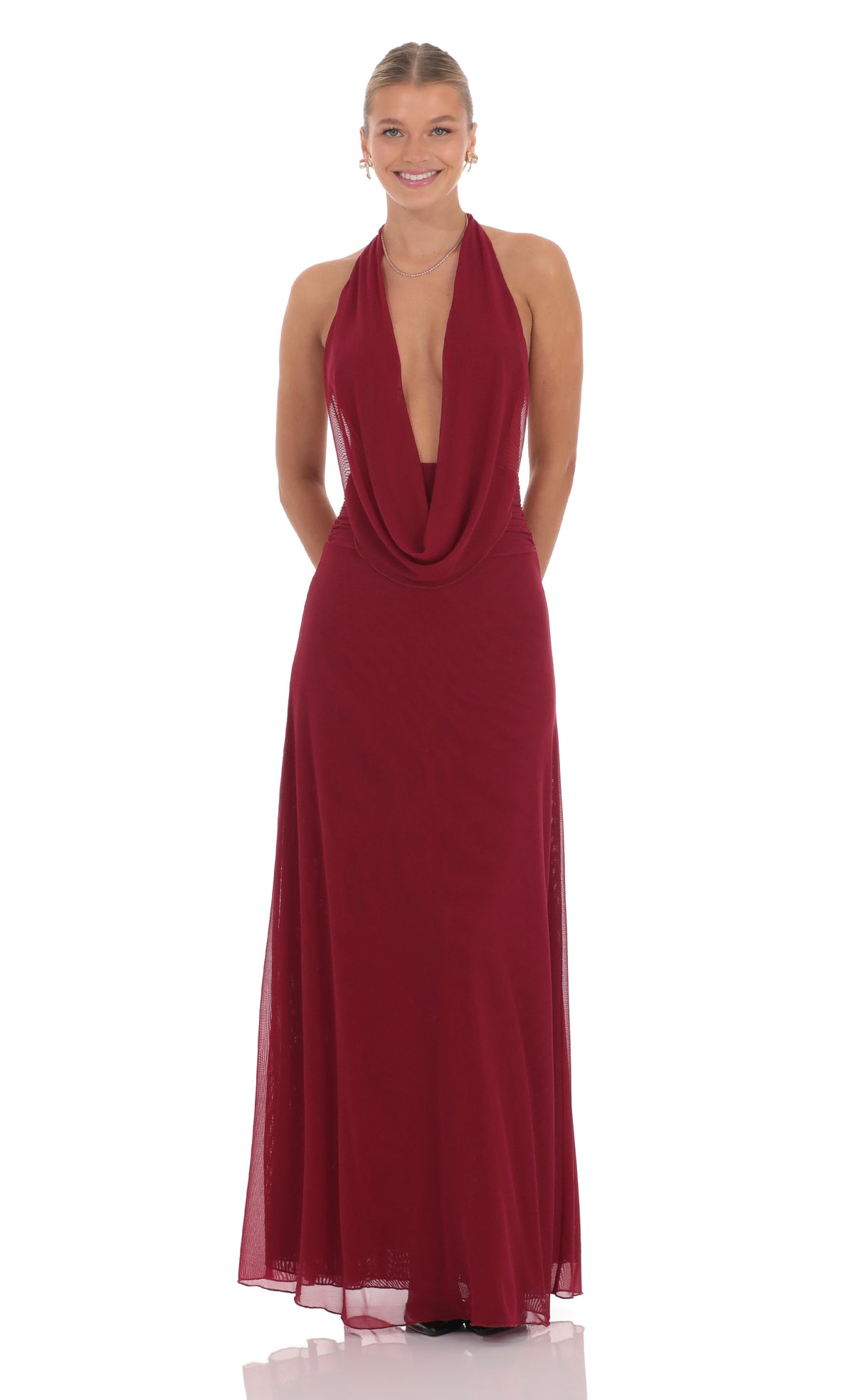 Mesh Plunge Cowl Neck Dress in Maroon