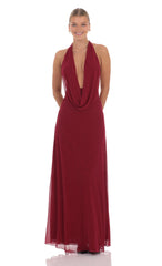 Mesh Plunge Cowl Neck Dress in Maroon