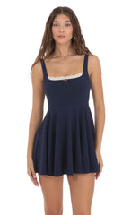 White Lace Flower A-line Dress in Navy