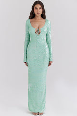 seafoam sequin maxi gown
