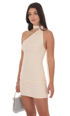 Scarf Halter Rhinestone Dress in Cream Beige