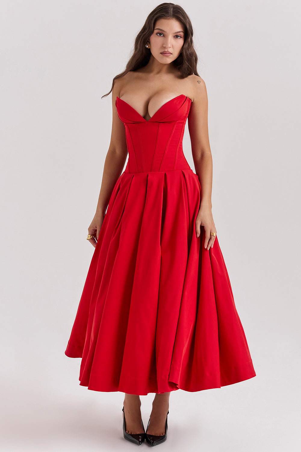 scarlet strapless midi dress