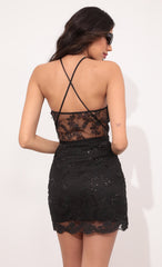 Scallop Sequin Lace Bodycon Dress in Black
