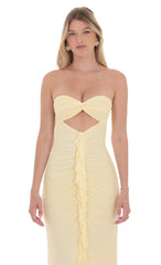 Mesh Cutout Ruffle Maxi Dress in Yellow