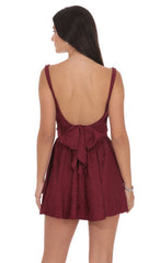 Floral Jacquard Open Back Bow Dress in Burgundy