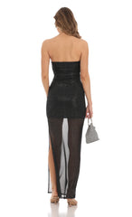 Shimmer Mesh Strapless Maxi Dress in Black