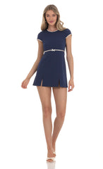 Short Sleeve Double Slit Dress in Navy