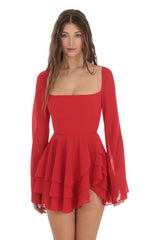 Chiffon Bell Sleeve Dress in Red