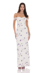 Tulle Off Shoulder Floral Maxi Dress in White