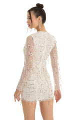 Dangling Sequin Plunge Dress in White