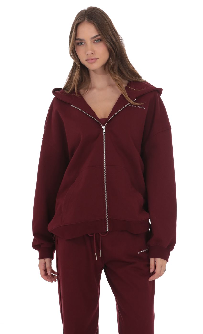 Oversize Zip-Up Hoodie in Burgundy