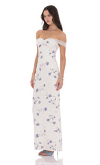 Tulle Off Shoulder Floral Maxi Dress in White