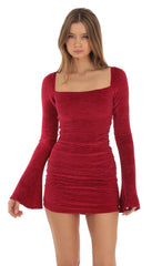 Velvet Pleated Bell Sleeve Dress in Red