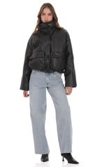 Faux Leather Cropped Puffer Jacket in Black