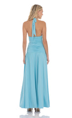 Halter Drop Waist Maxi Dress in Aqua Blue