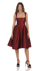 Square Neck Flare Midi Dress in Maroon