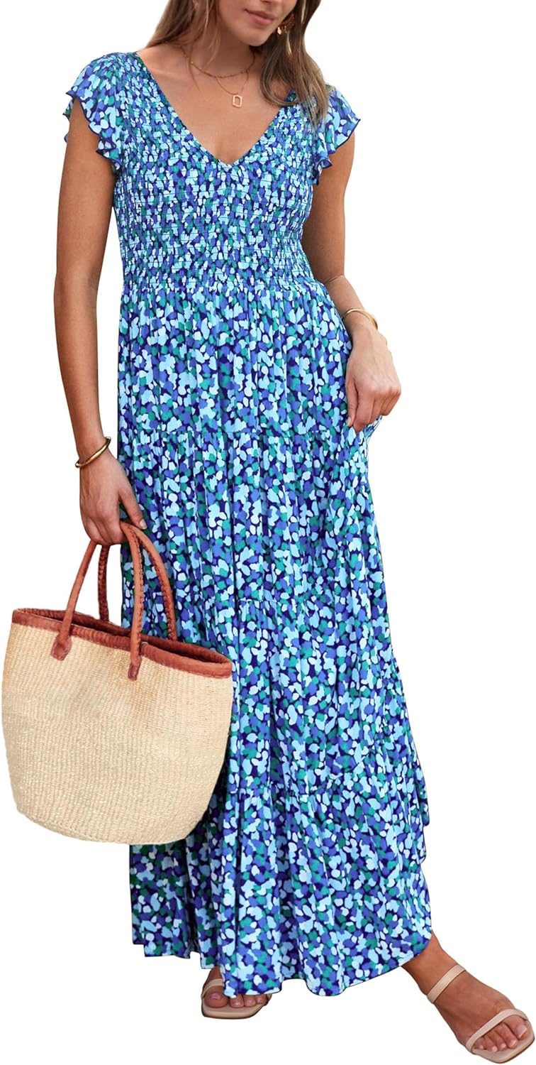 PRETTYGARDEN Women's Summer Flowy Maxi Dress Casual Cap Sleeve V Neck Smocked Beach Sundress