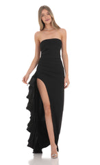 Strapless Ruched Ruffle Maxi Dress in Black