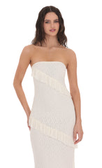 Strapless Lace Ruffle Maxi Dress in Ivory