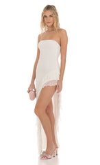 Mesh Strapless Triple Ruffle Maxi Dress in White