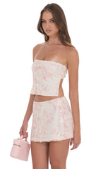 Floral Sequin Strapless Skirt in Cream