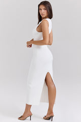 white stretch knit maxi dress