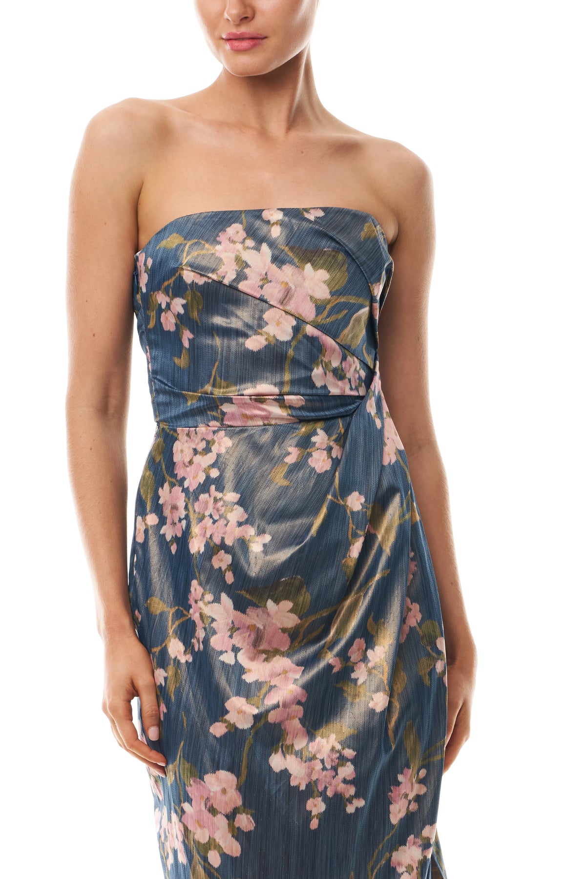 Draped Floral Strapless Column Gown