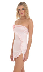 Flower Satin Ruffle Slit Dress in Pink