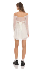 Mesh Off Shoulder Babydoll Dress in Ivory