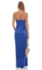 Satin Pleated Strapless Maxi Dress in Royal Blue
