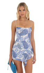 Paisley Ruffle Slit Mini Dress in White