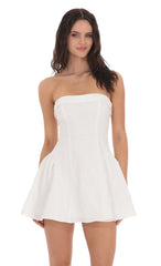 Floral Jacquard Strapless Flare Dress in White