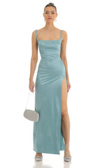 Satin Rhinestone Maxi Dress in Teal