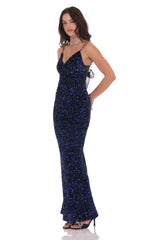Velvet Blue Sequin Back Bow Maxi Dress in Black