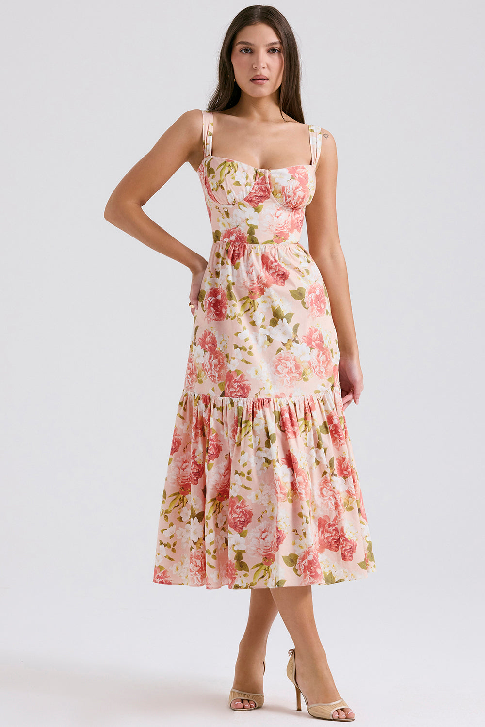 pink peony print cotton midi sundress