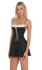 Two Toned Satin Fit and Flare Dress in Black