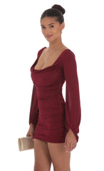 Ruched Cowl Neck Dress in Burgundy