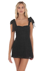 Rosette Shoulder Tie Dress in Black