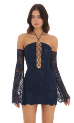 Lace Sequin Off Shoulder Dress in Navy