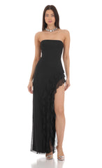 Mesh Strapless Triple Ruffle Maxi Dress in Black