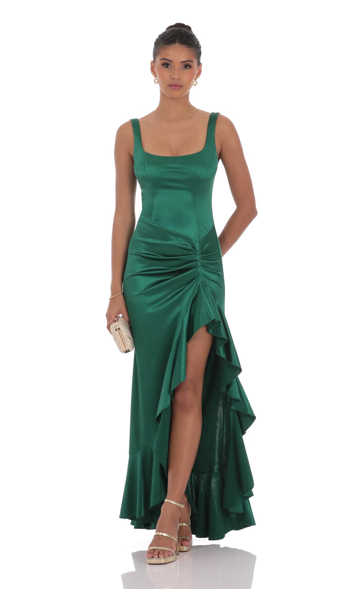 Satin Ruched Ruffle Slit Maxi Dress in Green