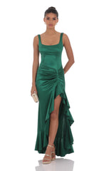Satin Ruched Ruffle Slit Maxi Dress in Green