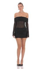 Rhinestone Mesh Off Shoulder Dress in Black